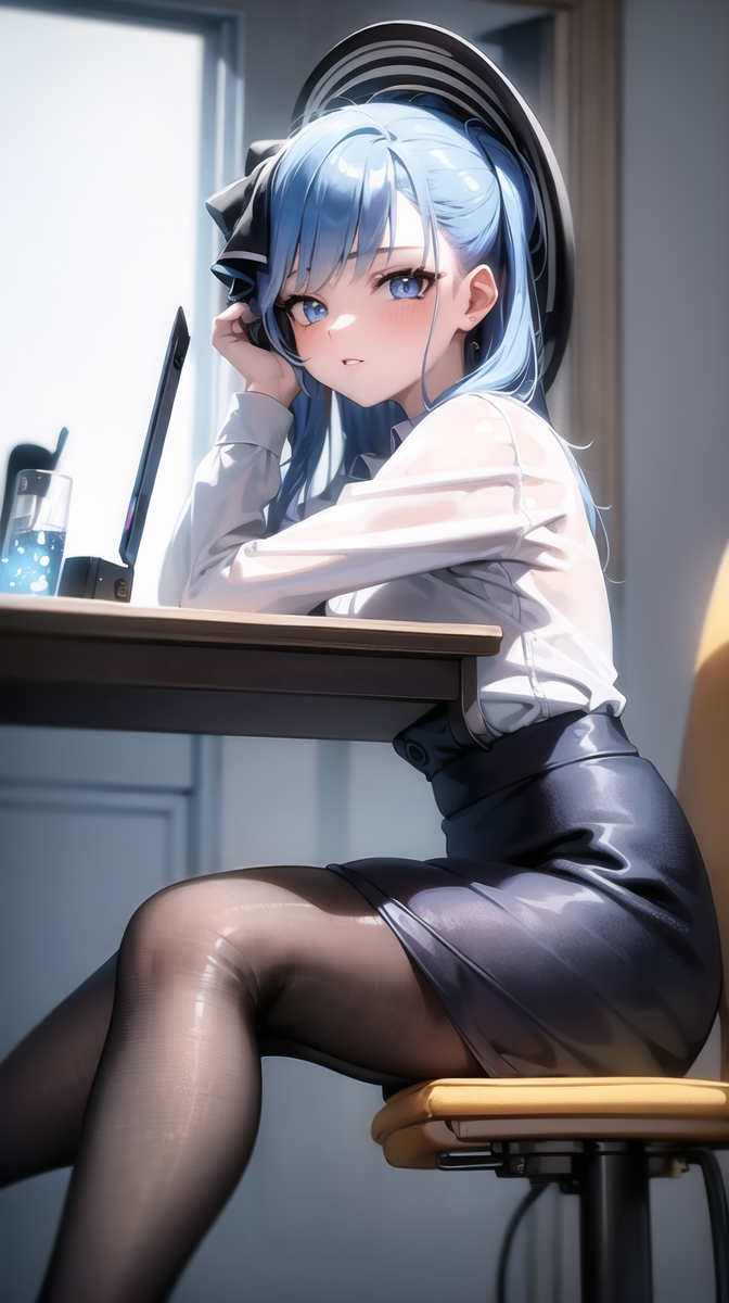 02531-125489516-((masterpiece)),(best quality),(detailed),(1girl),blue hair, blue glowing eyes, white shirt, black skirt, sitting on a computer.png